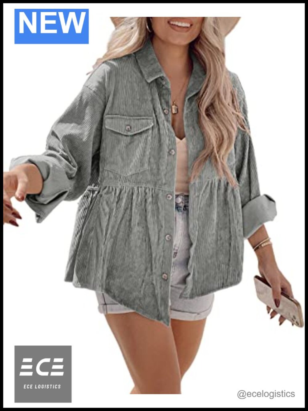 Corduroy Button Down Tunic Shirt Long Sleeve Loose Fit Casual